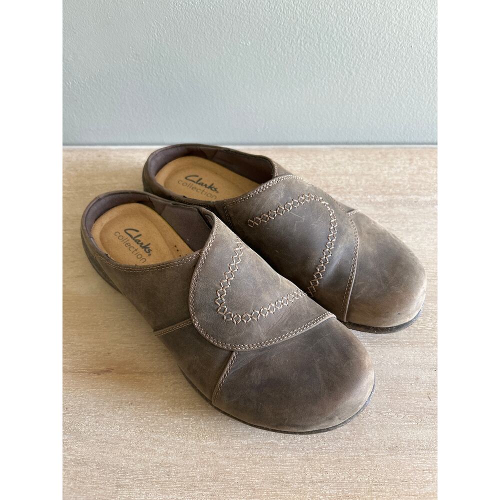 Clarks women’s brown, leather mules, comfortable casual Boho cottage size 7.5